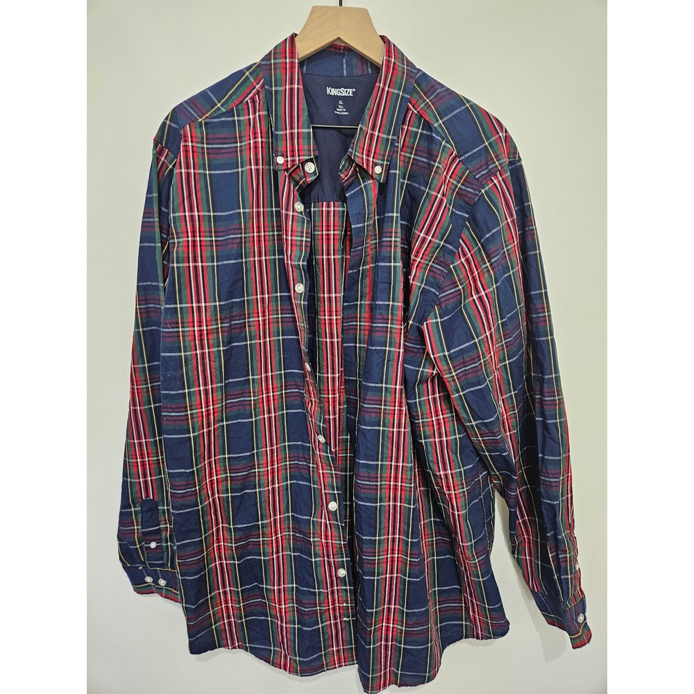 KingSize Mens XL Tall Plaid Button Down Shirt Navy Red Green Long Sleeve 79-7266